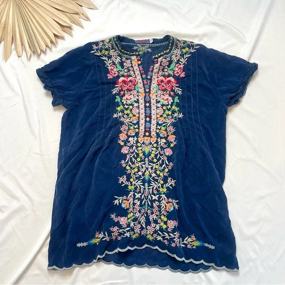 Johnny Was Raina Navy Blue Floral Embroidered Colorful Georgette Blouse Top PM - Picture 3 of 7